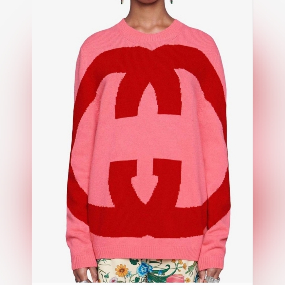 Gucci Interlocking Intarsia GG Logo Sweater Pink Red Wool Pullover